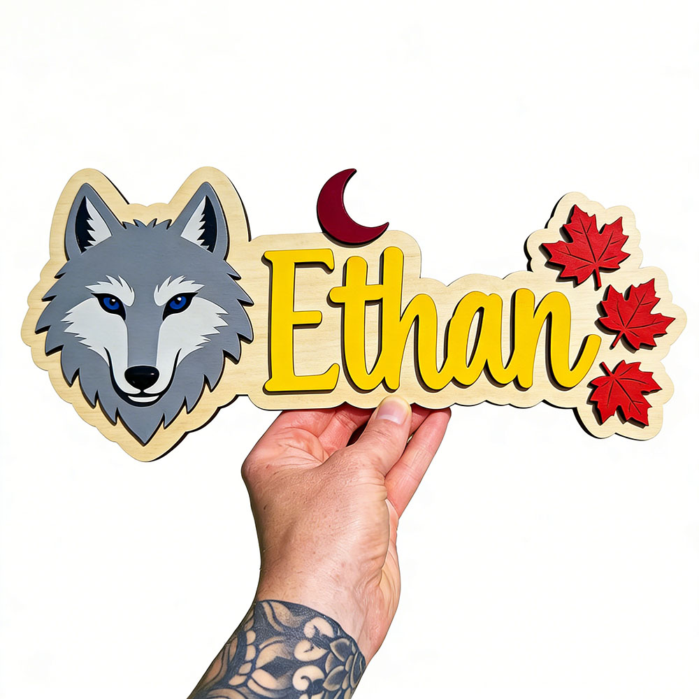 Baby Nursery Name Wall Art - Personalized Wolf Head Maple Leaf Moon