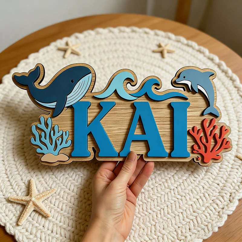 Baby Nursery Name Wall Art - Ocean Whale Dolphin Themed Custom Name