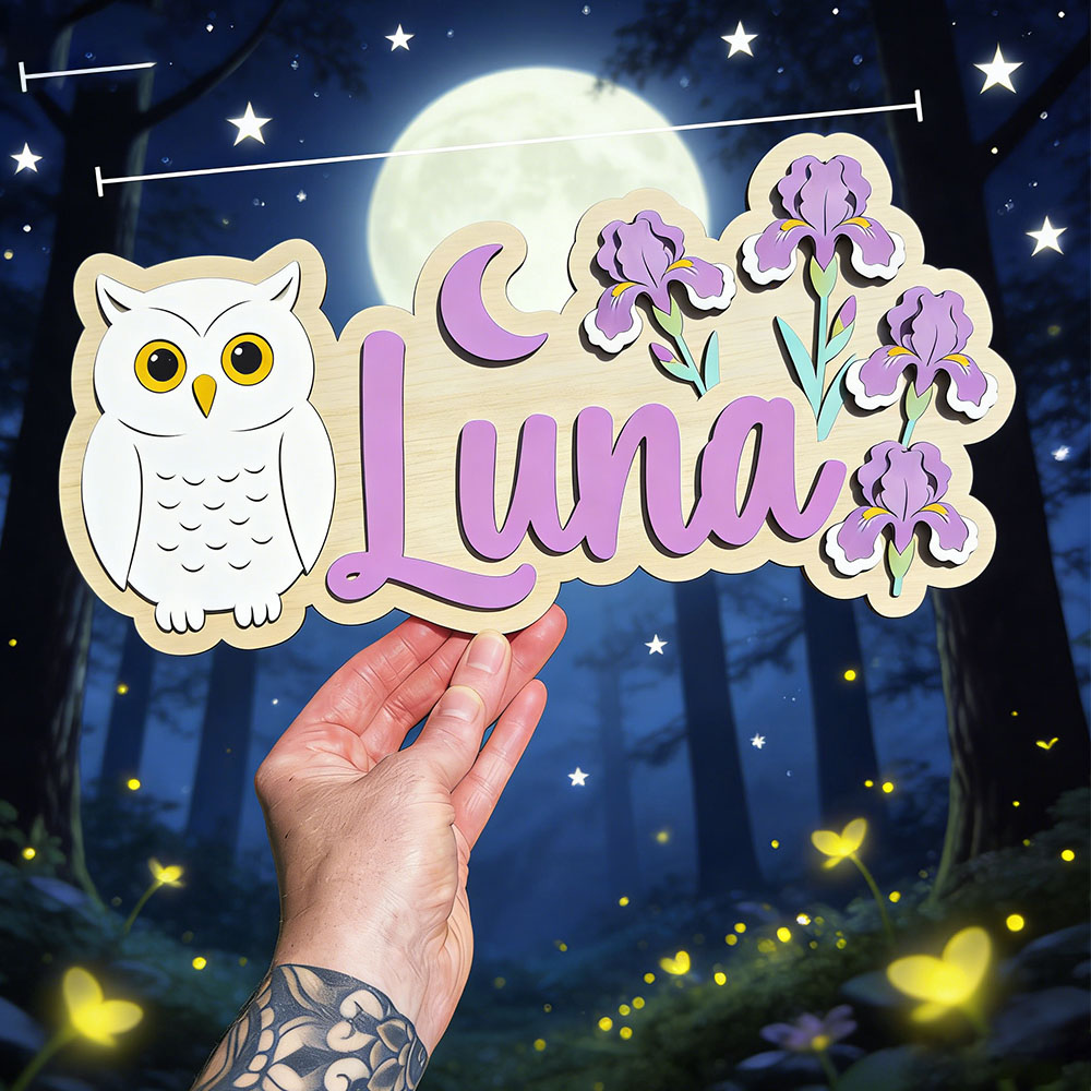 Baby Nursery Name Wall Art - Personalized White Owl Crescent Moon Iris