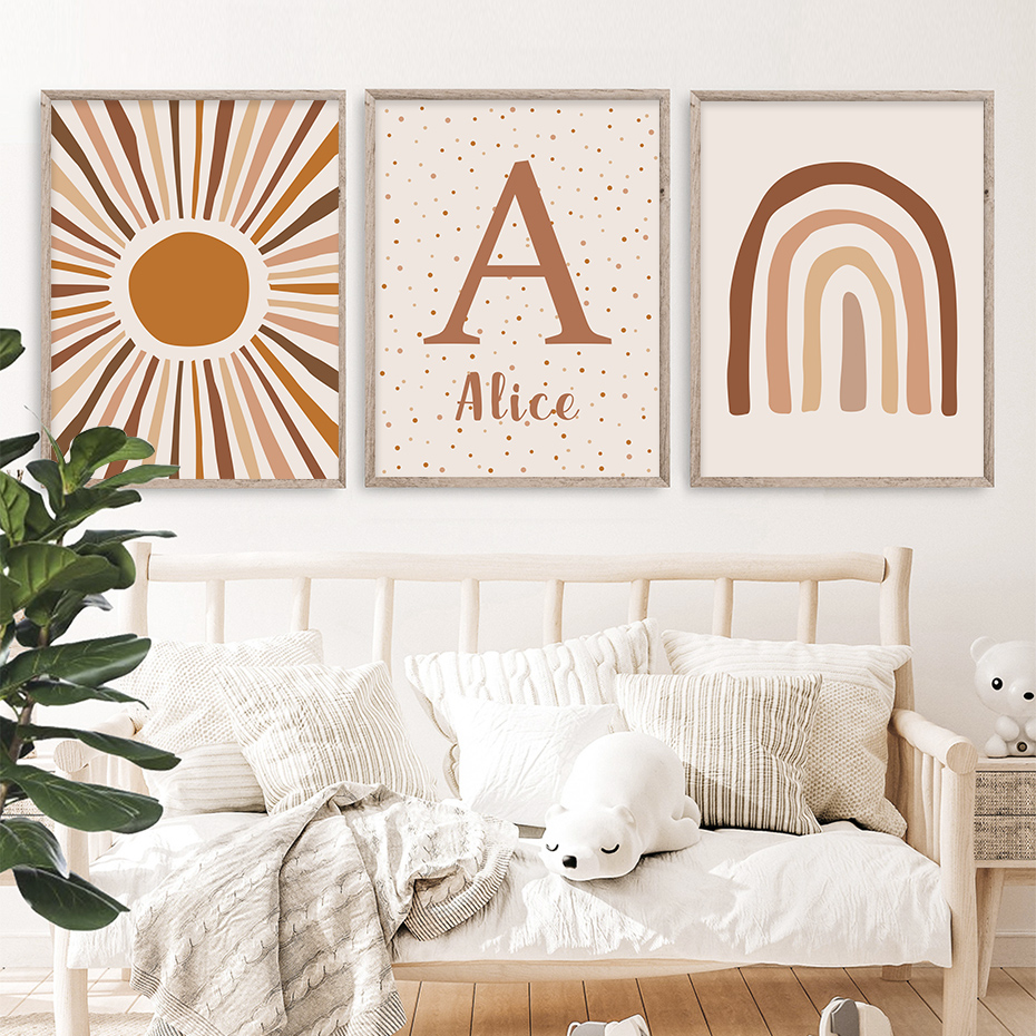 Baby Nursery Name Wall Art - Abstract Sun Rainbow Custom Baby Name