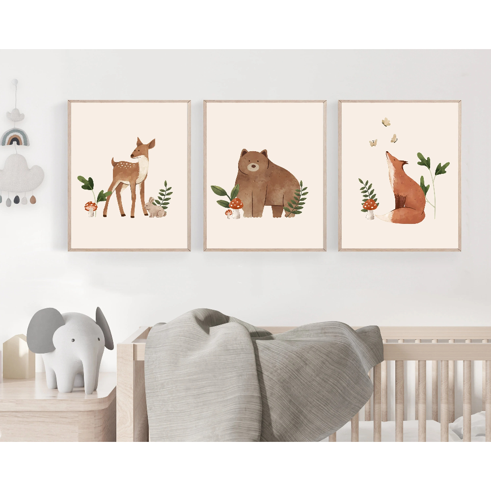 Baby Nursery Gender Neutral - 3pcs Cute Bohemian Forest Animal Posters
