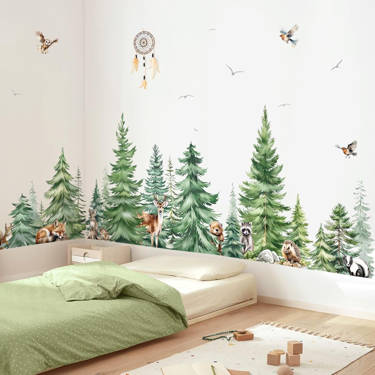 Baby Nursery Wall Stickers - Large Watercolor Pine Tree Animals Wall