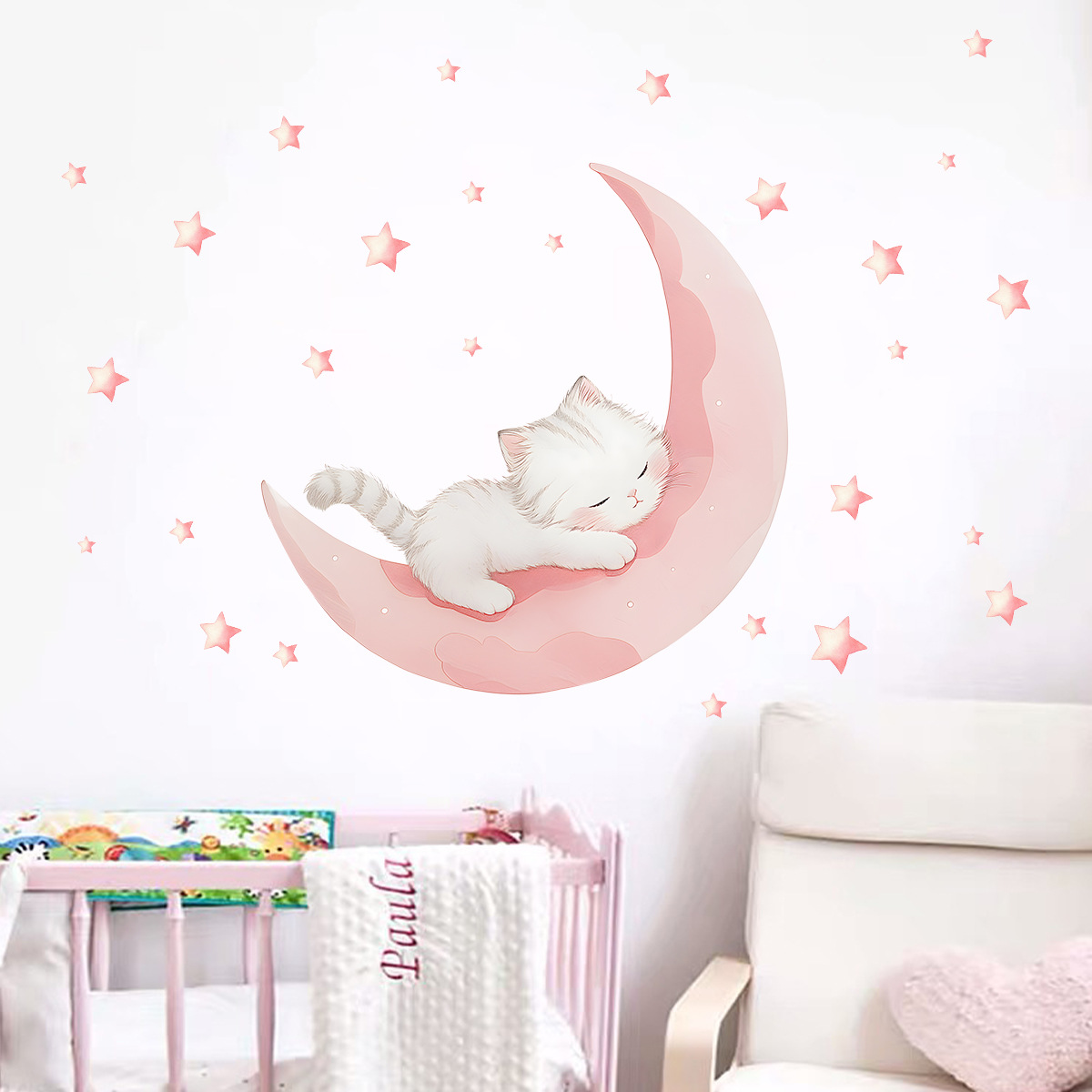 Baby Nursery Wall Stickers - Cartoon Pink Moon Cute Cat Sleep