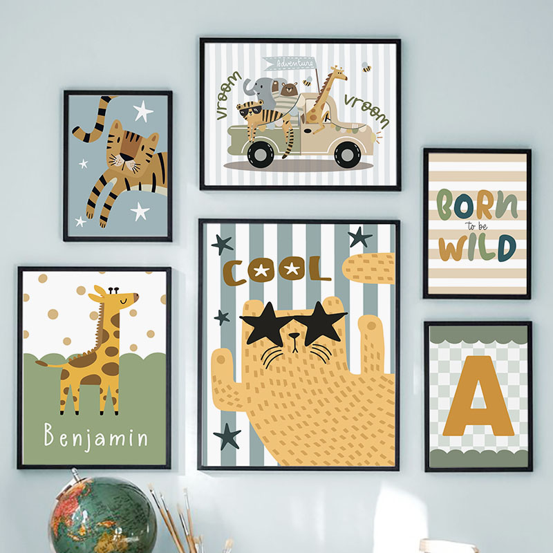 Kawaii Tiger Lion Giraffe Car  - Baby Nursery Name Wall Art recensione e prezzo