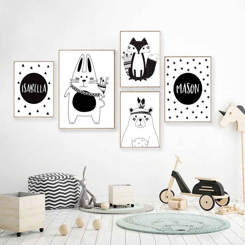 Black White Cartoon Bear Rabbi - Baby Nursery Name Wall Art recensione e prezzo