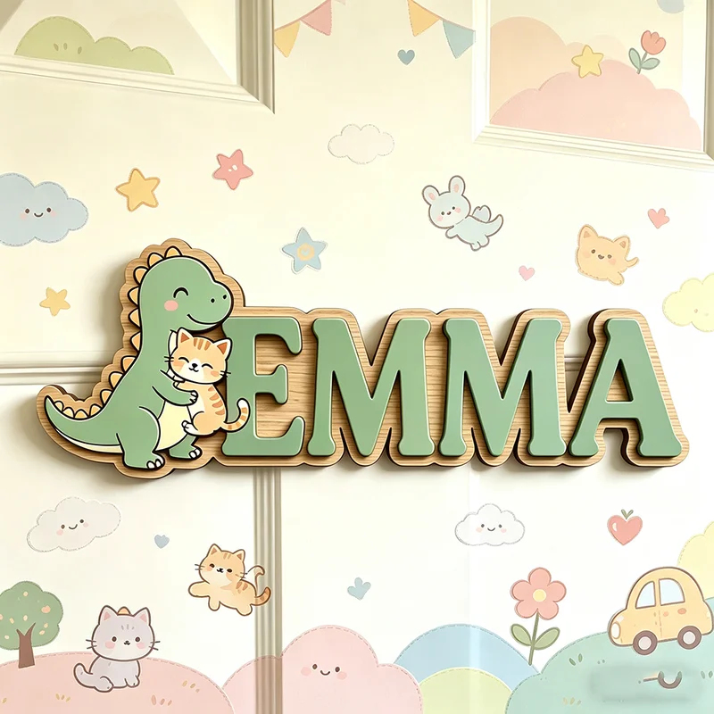 Cute Dinosaur Hugging Cat Cust - Baby Nursery Name Wall Art recensione e prezzo