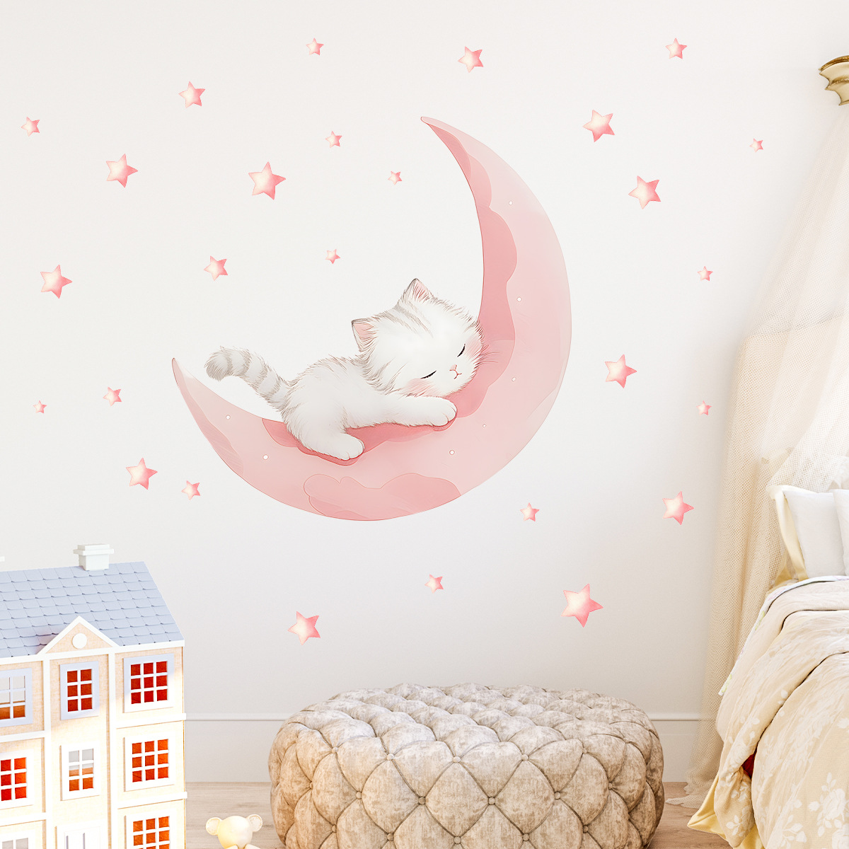 Cartoon Pink Moon Cute Cat Sle - Baby Nursery Wall Stickers recensione e prezzo