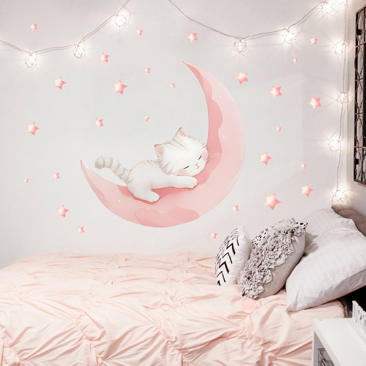 Cartoon Pink Moon Cute Cat Sle - Baby Nursery Wall Stickers recensione e prezzo