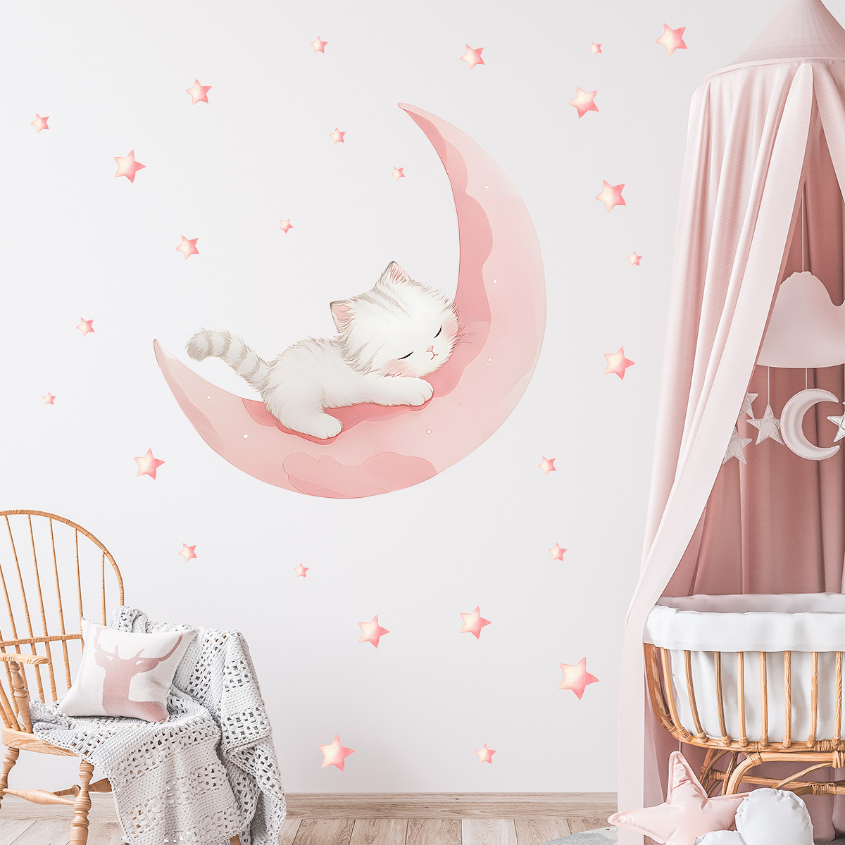 Cartoon Pink Moon Cute Cat Sle - Baby Nursery Wall Stickers recensione e prezzo